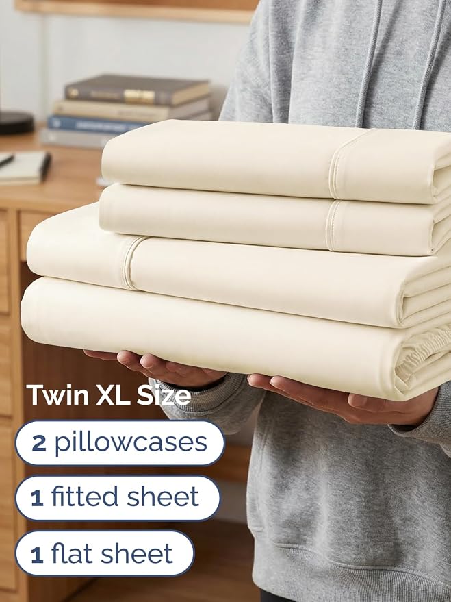 Extra Deep Twin XL Sheet Set - 4 Piece College Dorm Room - Off White | College Dorm Room Essentials, Easy & Secure Fit, Ultra-Soft, Wrinkle & Fade Free, Comfy Sheets Set with Extra Deep Pockets