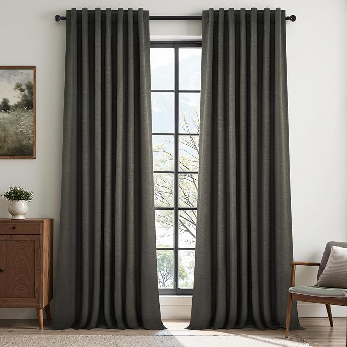 Dark Grey 100% Blackout 132 Inch Long Curtains for Large Window Treatment Back Tab with Hooks Rings Thick Linen Full Black Out Curtains Soundproof Cottagecore 132 Inch Length Window Drapes 2 Panels