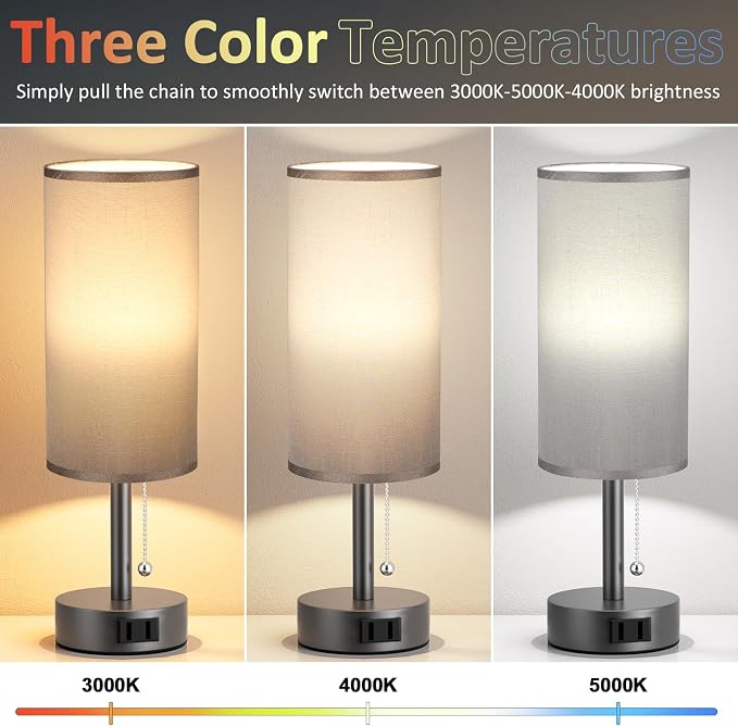 Dark Grey Bedside Table Lamps Set of 2 - Bedroom Lamp for Desk, AC Outlet | 3CCT(3000K/4000K/5000K), LED Bulbs Included, Dark Grey Fabric Lampshade, 14in Small Lamp for Nightstand, Guest Room, Dorm