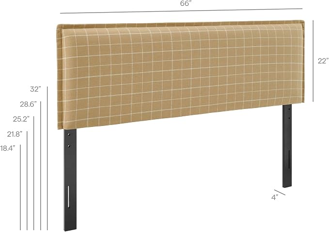 Modway Camille Queen Size Checkered Linen Blend Plaid Headboard with Removable Slipcover – in Hemp Windowpane Check - Padded Pillow Style Headboard with Adjustable Mounting for Queen Beds