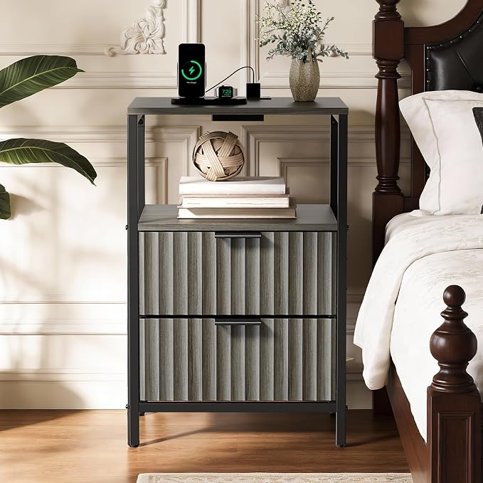 VINGLI Night Stand Set 2 with Charging Station and Fabric Drawers, Fluted Grey Night Stand Set of 2, Gray Nightstand with Drawers, Grey Bedside Tables/End Tables for Bedroom, 14.96"W*11.81"D*23.78"H