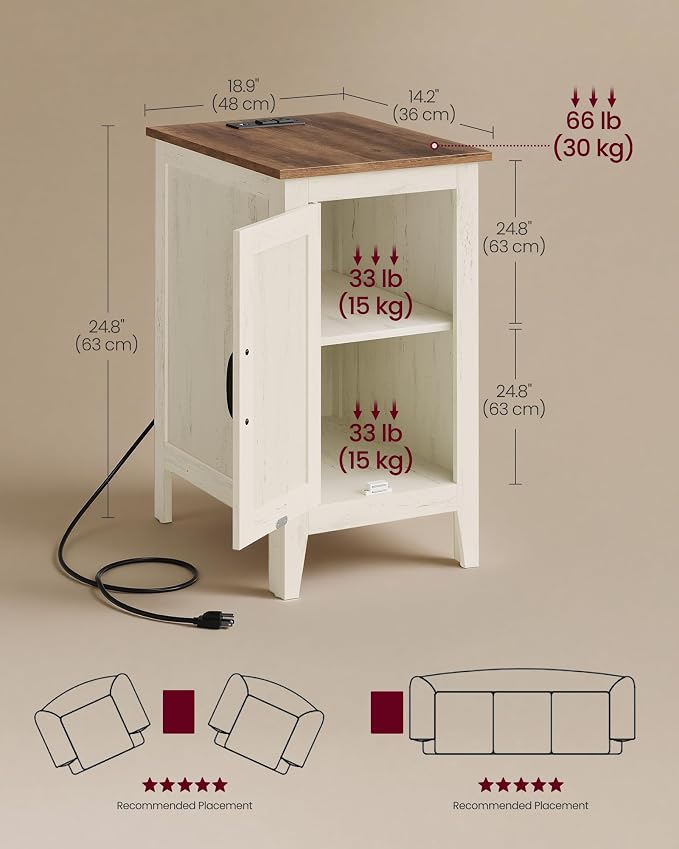 VASAGLE LIRY Collection - End Table with Charging Station, Narrow Side Table with Storage Cabinet, Nightstand for Bedroom, Home Office, Rustic White and Honey Brown ULET131W101S