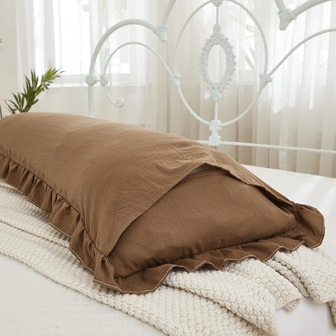 Brown Body Pillow Cover 20x54inches Long Pillowcase Ruffled Pillowcases Shabby Chic Ruffled Fringe Decor Body Ruffled Pillow Sham Cute Pillowcase (1 Body, Brown)