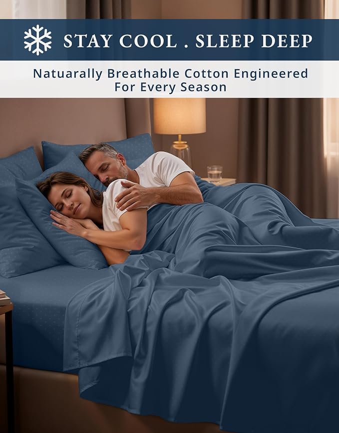 LANE LINEN Cooling Queen Sheet Set Egyptian Cotton Sateen - Estate Blue | Queen Mattress Sheets - 4-Piece Set, For A Luxurious Night's Sleep, For A Silky Hotel-Style Bed, OEKO-TEX Certified
