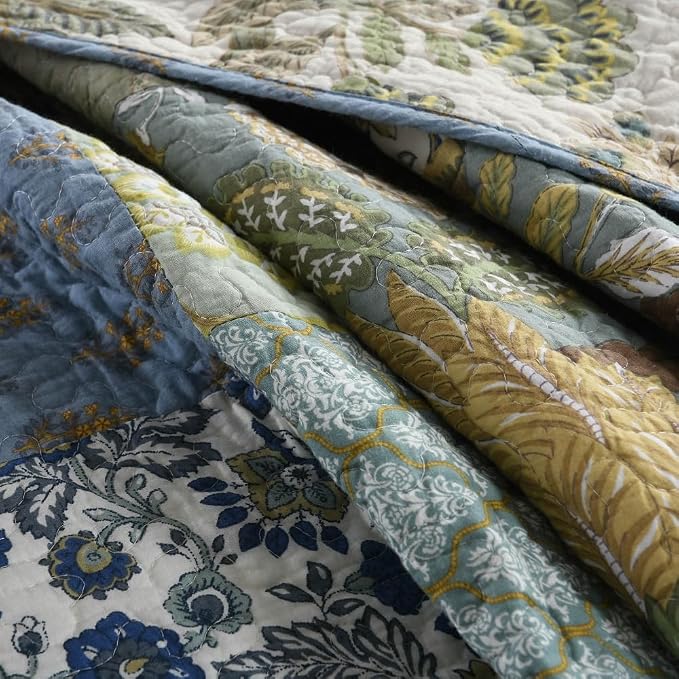 VISIMISI Cotton Bedspread Quilt Sets Reversible Bedding Coverlet Sets,3 Pieces Paisley Vintage Floral Patchwork Bedspread (Green Rustic, King Size)