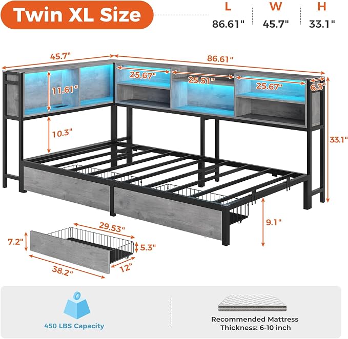 DICTAC Corner Bed Frame with Bookcase Storage and Led Lights Twin XL Metal Platform Beds with 2 Drawers and Charging Station Twin XL Daybed with Storage for Living Room,Bedroom & Guest Room,Oak Gray