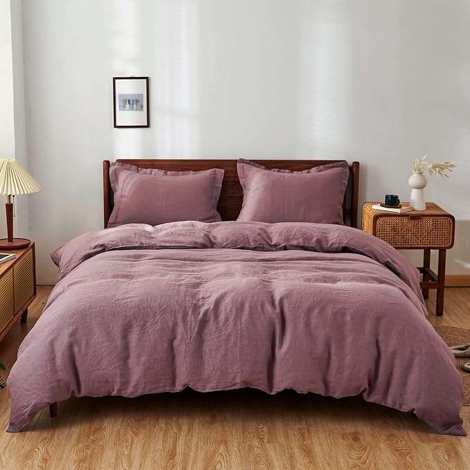 Simple&Opulence 100% Linen Duvet Cover Set 3pcs Basic Style Natural French Washed Flax Solid Color Soft Breathable Farmhouse Bedding with Button Closure - Purple, King