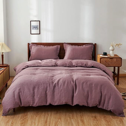 Simple&Opulence 100% Linen Duvet Cover Set 3pcs Basic Style Natural French Washed Flax Solid Color Soft Breathable Farmhouse Bedding with Button Closure - Purple, King