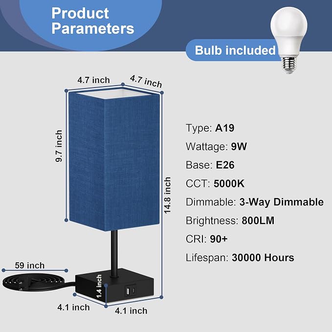 Touch Bedside Table Lamp for Bedroom, 14-Inch, Navy Blue Set of 2 | USB A+C Ports, Touch 3-Way Dimmable LED Bulb Included Fabric Lampshade Metal Base Small Nightstand Lamp for Desk Living Room