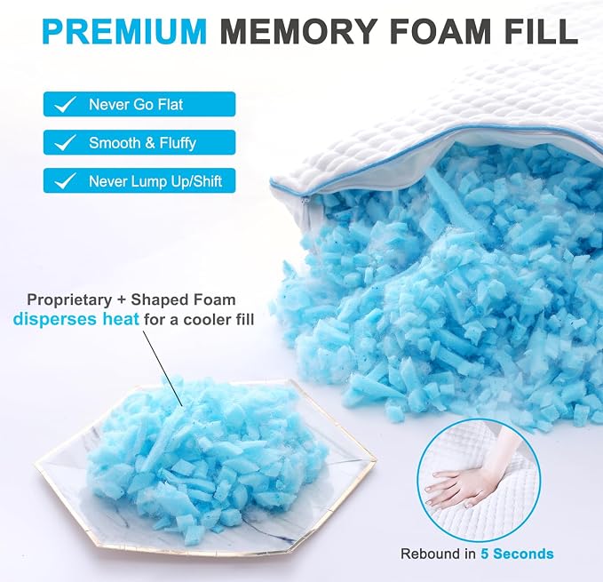 Cooling Shredded Memory Foam Bed Pillows, Queen Size, Set of 2, 20 x 30 in | Adjustable Firm, Supportive, Breathable, Hypoallergenic, Odorless, Luxury, Cool Gel pillows for Side Back Stomach Sleepers