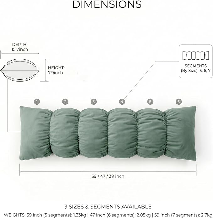 Pat. Pend. Segmented Body Pillow for Side Sleepers, 59 Inch, Green | Full body pillow for adults with a removable, washable soft velvet cover; long bed pillow design for everyday comfort.