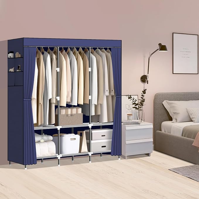 LOKEME Wardrobe Closet,Steel Pipe Diameter 19mm,Portable Closet for Bedroom | Strong and Sturdy Portable Closets for Hanging Clothes with 3 Hanging rods, 6 Storage Shelves and Side Pockets