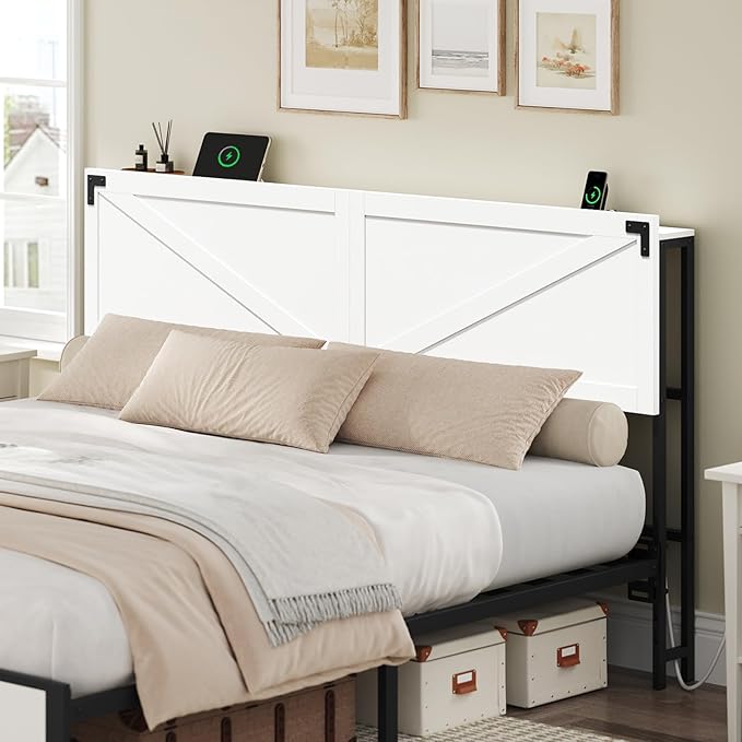 MAHANCRIS King Headboard with Charging Station, LED Light and Storage | Farmhouse Wooden Bed Head with Bed Frame Adapter LED Adjustable Brightness and Color Modes Easy Assembly White