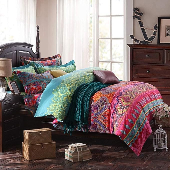 Boho Twin Comforter Set Soft Chic Bedding Twin Comforter Set 2 Pieces Lightweight Exotic Red Teal Bohemian Mandala Colorful Retro Printed Comforter Set for All Seasons Luxury Comfy