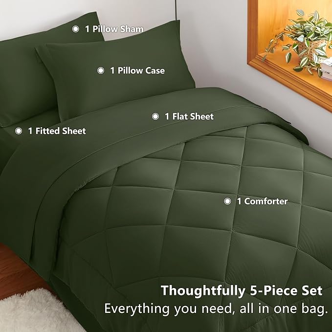 Twin XL Comforter Set Olive Green - 5 Pieces Complete Bedding Set | College Dorm Essentials, OEKO-TEX Certified, All Season, 240GSM Down-Alternative Comforter, Sheets, Pillowcase & Sham