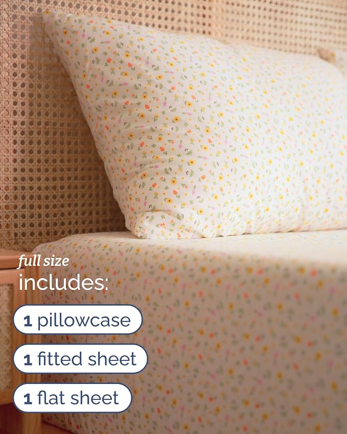 Full 4 Piece Floral Sheet Set - Soft, Breathable & Cooling - Sunshine Daisy | 1 Flat, 1 Fitted & 2 Pillowcases w/ Deep Pockets, Boho Botanical Floral Bedding, Breathable & Cooling, Wrinkle & Fade Free