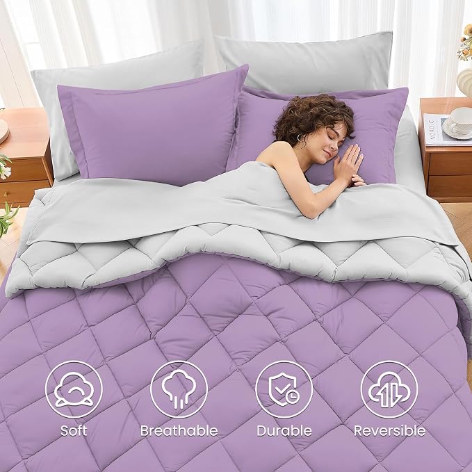 7 Pieces Full Comforter Set, Reversible Bed in a Bag Full Size, All Season Bedding Set with Comforter, Flat Sheet, Fitted Sheet, Pillowcases & Shams, Greyish Purple & Light Grey