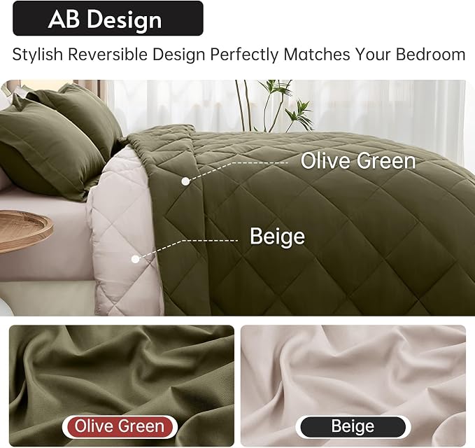 7 Pieces California King Comforter Set, Reversible Bed in a Bag Cal King Size, All Season Bedding Set with Comforter, Flat Sheet, Fitted Sheet, Pillowcases & Shams, Olive Green & Beige