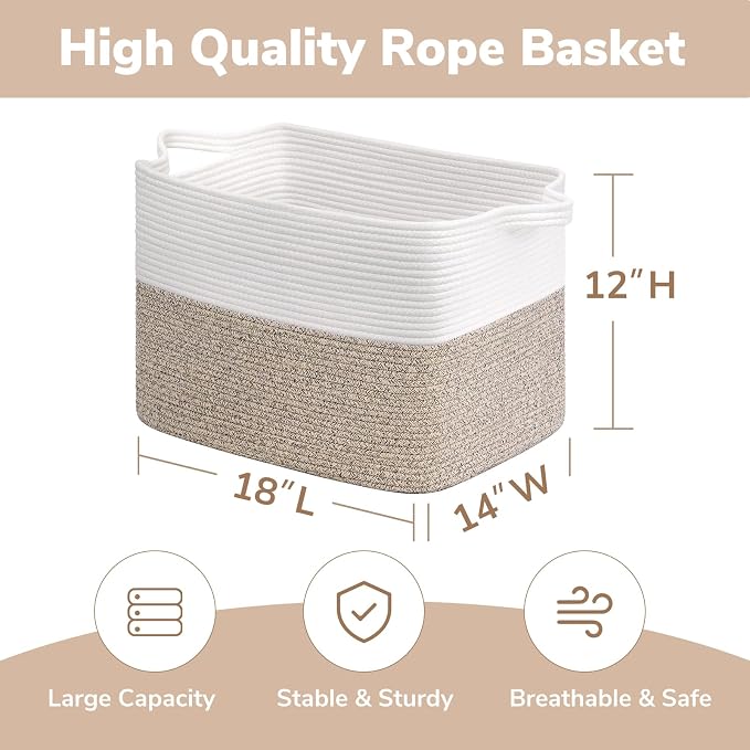Goodpick 50L Large Woven Storage Basket, 18" x 14" x 12", Light Brown | Decorative Gift Basket for Nursery & Bedroom Organization, Cotton Rope Baskets for Blankets & Toys Storage, Built-In Handles