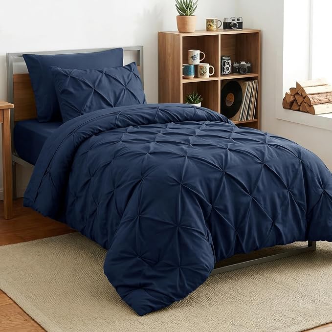 HIMEET Twin Comforter Set Navy Blue - 5 Pieces Pintuck Bed in a Bag | OEKO-TEX Certified, 240GSM Down Alternative Comforter, 14" Deep Pocket Fitted Sheet + Flat Sheet + 1 Pillowcase + 1 Sham