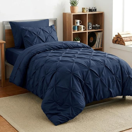 HIMEET Twin Comforter Set Navy Blue - 5 Pieces Pintuck Bed in a Bag | OEKO-TEX Certified, 240GSM Down Alternative Comforter, 14" Deep Pocket Fitted Sheet + Flat Sheet + 1 Pillowcase + 1 Sham