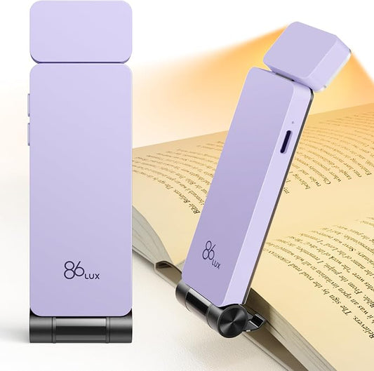 86lux Book Light, Rechargeable Reading Lights for Books in Bed | Ultralight Clip-on LED Bookmark Lamp with 3 Amber Colors & Stepless Dimming for Night Reading for Book Lovers, Light Lilac