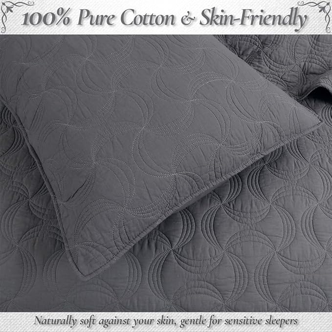 Cozy Line Home Fashions Charcoal Gray Cotton Quilt Set – 3-Piece Solid Textured Quilted Bedspread with Shams, Lightweight All Season Modern Bedding (Geometric - Gray, King - 3 piece)
