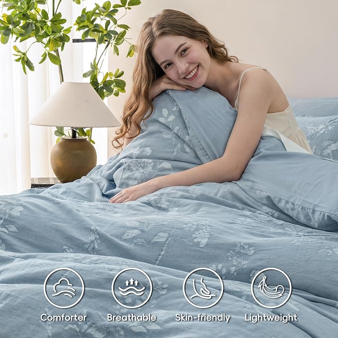 PHF Stone-Washed 100% Cotton Duvet Cover King Size, 104"x90", Stormy Blue | Elegant Floral Jacquard Woven, Ultra Soft Breathable All Season Bedding Set for Adults, 3pcs with 2 Pillow Shams, No Filling