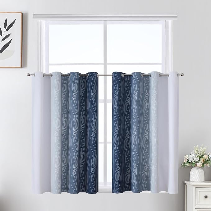 Navy Blue and Greyish White Blackout Curtains for Kitchen 36 Inch Length | Ombre Short Cafe Curtains,Thermal Insulated,Small Half Window Grommet Drapes for Basement/RV Camper,52Wx36L,2 Panels