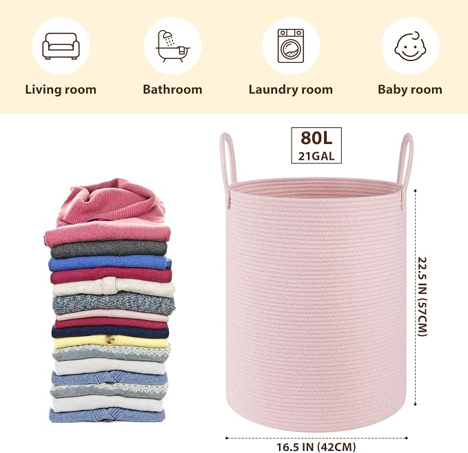 OIAHOMY 80L Nursery Hamper Laundry Basket Laundry Hamper Pink | collapsible Blanket Basket Cotton Rope Woven Basket Dirty Clothes Hamper Baby Hamper Tall Clothes Hamper with Handles