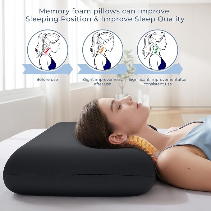 Black Memory Foam Pillows 2 Pack, Standard Size Slow Rebound Cooling Bed Pillows, Medium Firm Support with Removable Washable Cover, Neck & Shoulder Pain Relief, Perfect for Side, Back