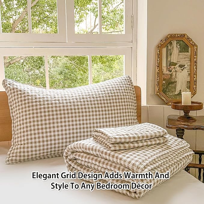 NSNLGSGC Tan Gingham Twin Summer Bedspread Quilt Set | Pre-washed Microfiber,Lightweight Checked Grid Bedding Coverlets for All Seasons