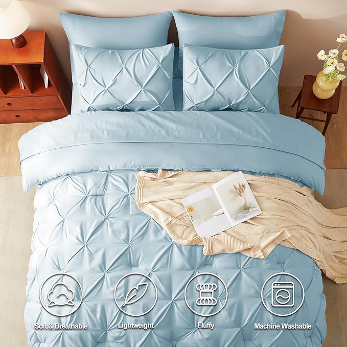 HIMEET Queen Comforter Set Light Blue - 7 Pieces Pintuck Bed in a Bag | OEKO-TEX Certified, 240GSM Down Alternative Comforter, 14" Deep Pocket Fitted Sheet + Flat Sheet + 2 Pillowcases + 2 Shams