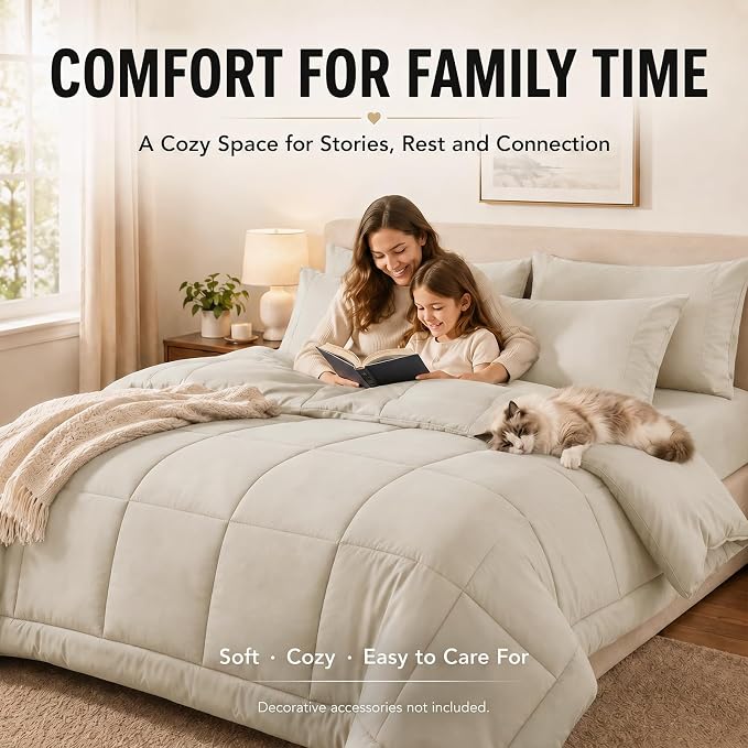 Full Size Comforter Sets Beige - 7 Pieces Bed in a Bag | OEKO-TEX Certified, All-Season, Bedroom, Guest Room, Down-Alternative Comforter + Flat & Fitted Sheets + 4 Pillowcases