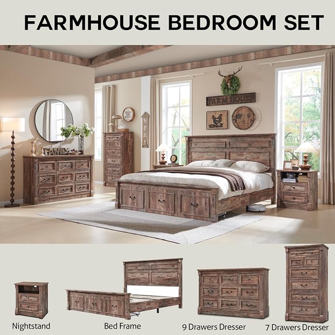 Aitjunz Farmhouse 61" Wide 8 Drawers Dresser for Bedroom, Light Brown | Chests of Drawers w/Roman Column, Large Storage Dressers Organizer w/2 Different Drawer Sizes for Bedroom,Living Room