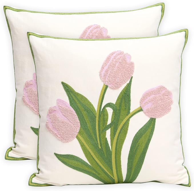 Pack of 2 Embroidered Decorative Throw Pillow Cover 18x18 Inch Farmhouse Floral Pillowcase for Living Room Sofa Bed (Pink Tulip)