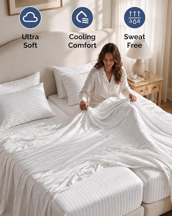 Split King 7 Piece Bed Sheet Set - Breathable & Cooling - Striped White | Ultra-Soft Hotel Luxury Bedding Set w/ 8-16 Inch Deep Pockets, 1 Flat & 2 Fitted Sheet & 4 Pillowcases, Wrinkle & Fade Free