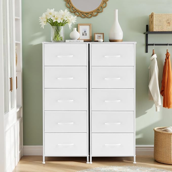 5 Drawers Dresser for Bedroom Fabric Storage Tower with Wooden Top | Steel Frame Tall Chest of Drawers for Closet, Entryway, Dorm, White