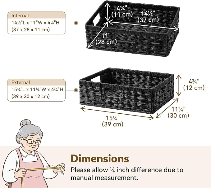 GRANNY SAYS Wicker Storage Baskets for Shelves, Black Wicker Basket,1-Pack | Waterproof Wicker Baskets for Organizing, Shallow Basket,Woven Baskets for Storage,Plastic Storage Baskets Moisture Resistant