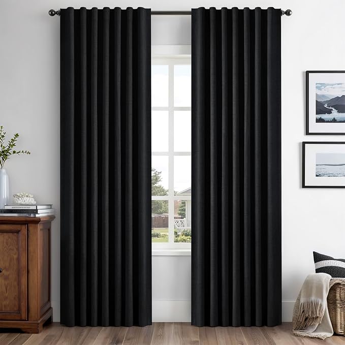 MIULEE 100% Blackout Linen Curtains for Bedroom 42 x 72 Inch Black 2 Panels | Thermal Insulated, Room Darkening Drapes for Living Room, Back Tab Rod Pocket Pinch Pleated, Solid Luxury Decor