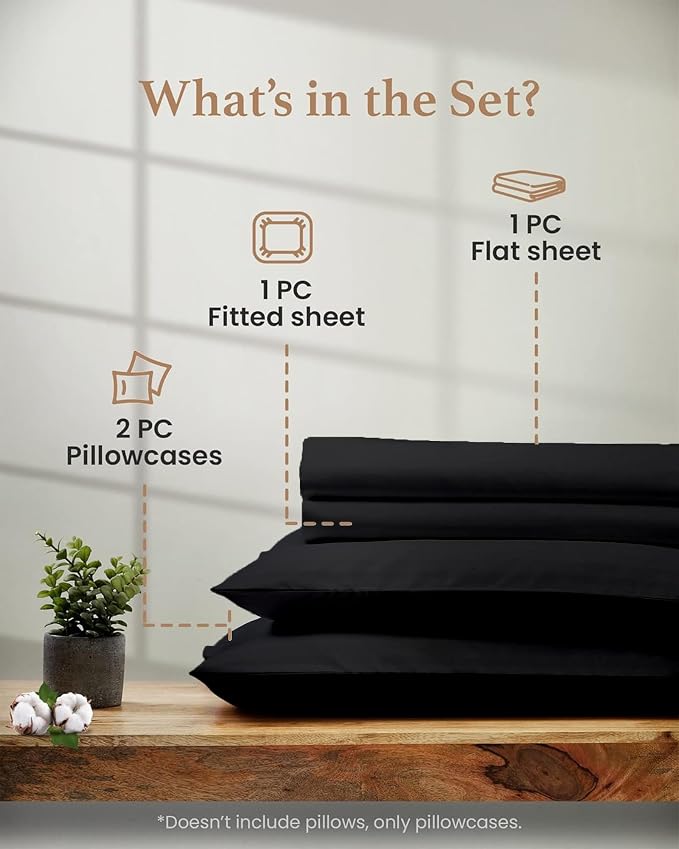 Good Sleep Bedding 100% Egyptian Cotton Queen Sheet Set, 4 Piece Silky Sateen Weave, Bed Sheets Queen Size, Ultra-Soft & Durable Hotel Luxury, 16" Queen Sheet Set Deep Pocket - Black