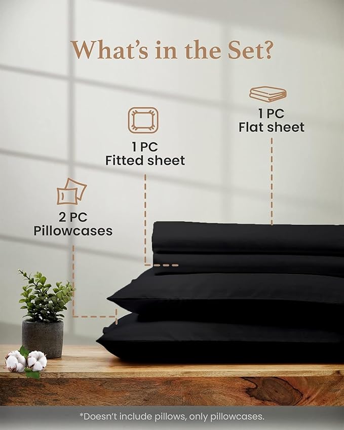 Good Sleep Bedding 100% Egyptian Cotton King Size Bed Sheets, 4 Piece Silky Sateen Weave King Sheets, Ultra-Soft & Durable Hotel Luxury, 16 Inch Deep Pocket King Sheet Set - Black