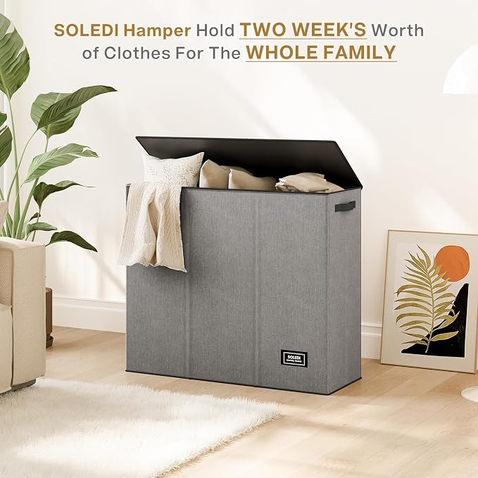 SOLEDI Large Laundry hamper 3 Section with Laundry Bag, XL Clothes Basket | 3-Section Large capacity Laundry Sorter with Odor-Blocking Lid, Robust Iron Frame & Waterproof 600D Fabric, 3 Washable Bags
