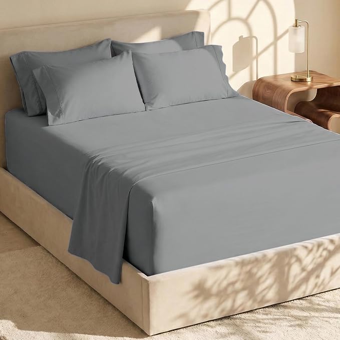 Hearth & Harbor Bed Sheets, Luxury Soft 6 Piece Bed Sheet Set Extra Deep Pocket Fitted Sheets Fits Mattress up to 21", Double Brushed Bedding Sheets & Pillowcases, Queen, Frost Gray