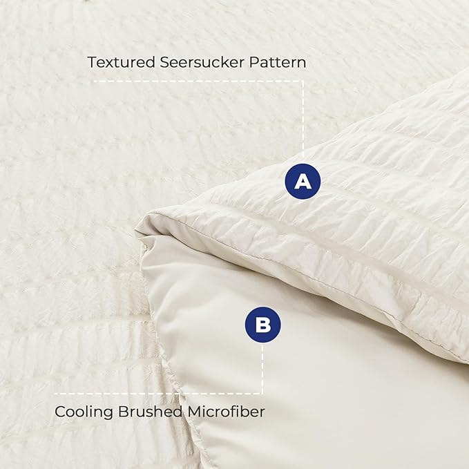 HYMOKEGE Ivory King Size Comforter Set Seersucker 7 Pieces, All Season Luxury Bed in a Bag for Bedroom, Bedding Set with Comforters, Sheets, Pillowcases & Shams
