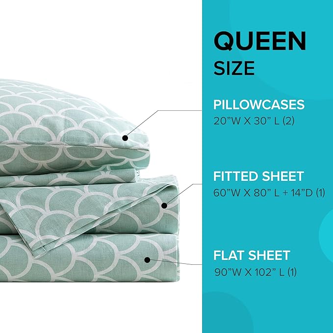 Comfort Spaces 100% Cotton Percale Sheets Queen Sheet Set 4 Pcs, Scales | Crisp, Cool & Breathable Bed Sheets, 14" Deep Pocket Fits Up to 16" Mattress, Lightweight, All Season Cozy, with Pillow Case