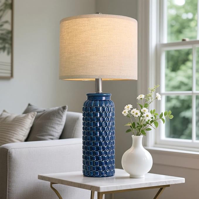 USumkky 24 inches Modern Ceramic Dark Blue Bedside Lamp Set of 2 for Bedroom Decor Farmhouse Table Lamp for Living Room Office Dorm