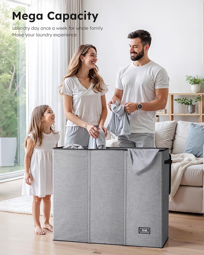 SOLEDI Large Laundry hamper 3 Section with Laundry Bag, XL Clothes Basket | 3-Section Large capacity Laundry Sorter with Odor-Blocking Lid, Robust Iron Frame & Waterproof 600D Fabric, 3 Washable Bags