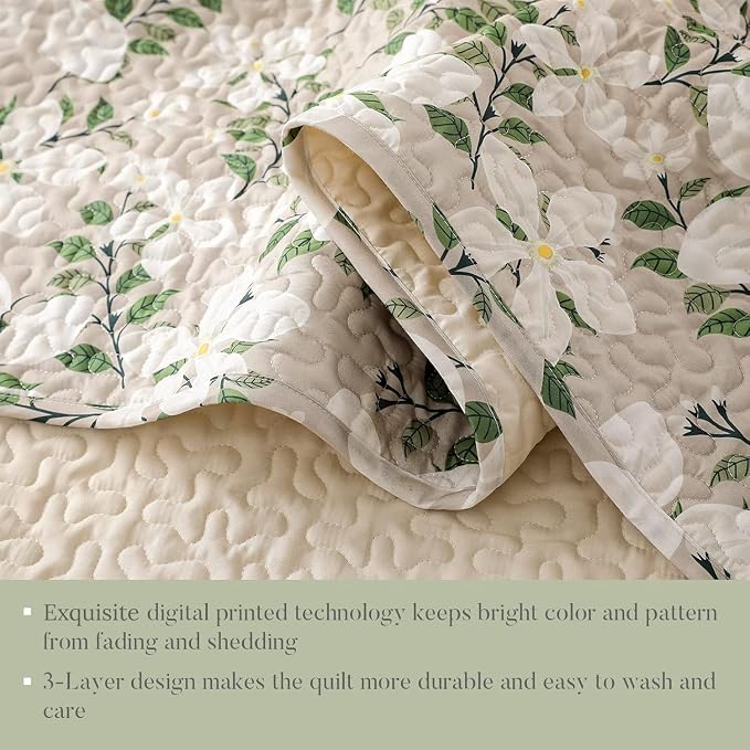 Whale Flotilla California King Size Quilt Set, Soft Floral Leaf Bedspreads | Reversible Lightweight Oversized Quilt Bedding Set for Bed, White Bone Printed Coverlets with 2 Pillow Shams for All Seasons