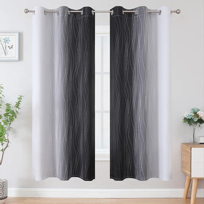 Black and Greyish White Ombre Blackout Curtains for Bedroom 42x72 Inch Long | Estelar Textiler Light Blocking Living Room Curtains, Room Darkening, Thermal Insulated Energy Saving Grommet Drapes,2 Panels